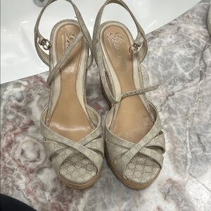 Gucci Beige Monogram Strappy Sandals